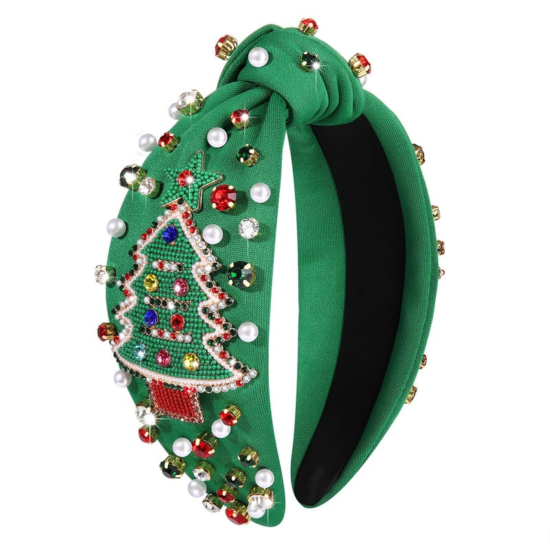 MOLOCH Christmas Headband for Women Beaded Christmas Tree Knotted Headband Red Green Jeweled Crystal Xmas Hairband Headwear Xmas Decorations Hair Accessories Gifts - Image 1